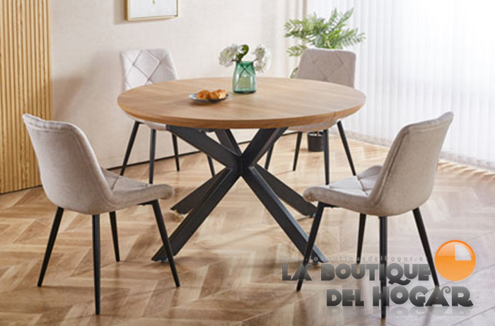 Mesa de comedor fija negra con patas metálicas y tablero Oak Modelo Cross