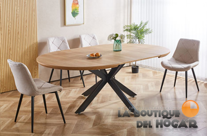 Mesa de comedor extensible negra con patas metálicas y tablero Oak Modelo Cross
