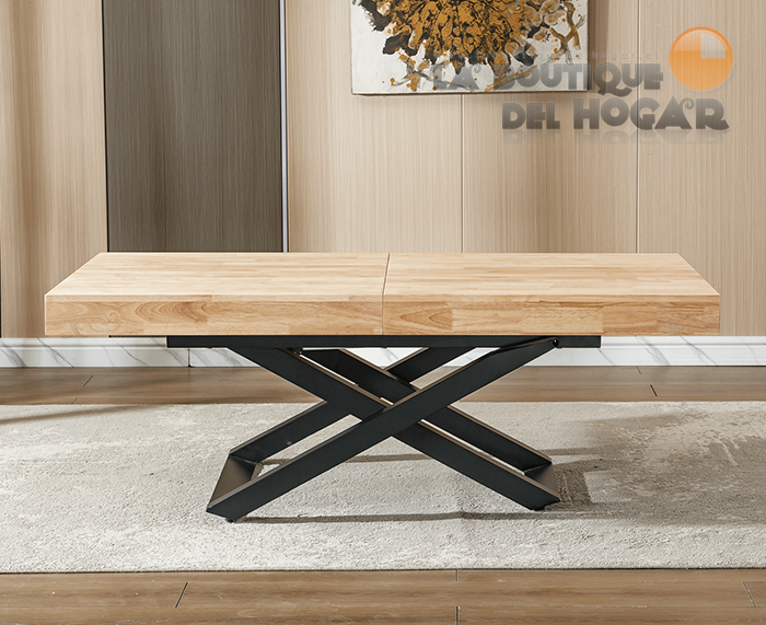 Mesa de comedor extensible negra con patas metálicas y tablero de Roble Nordish Modelo Troya