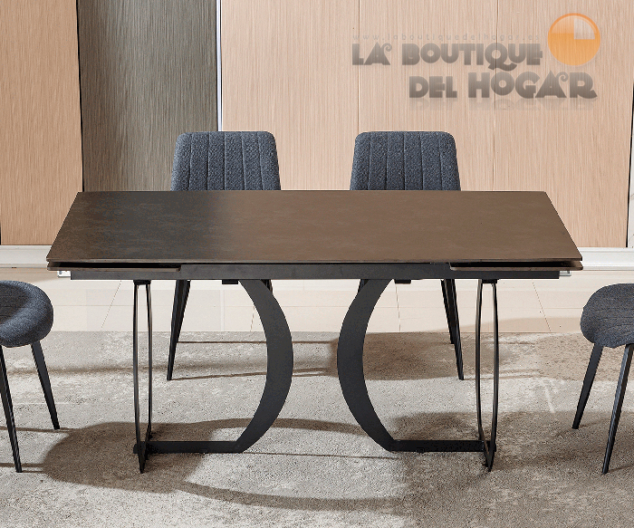 Mesa de comedor extensible negra con patas metálicas y tablero ceramic vulcano Modelo Venezia 160x90