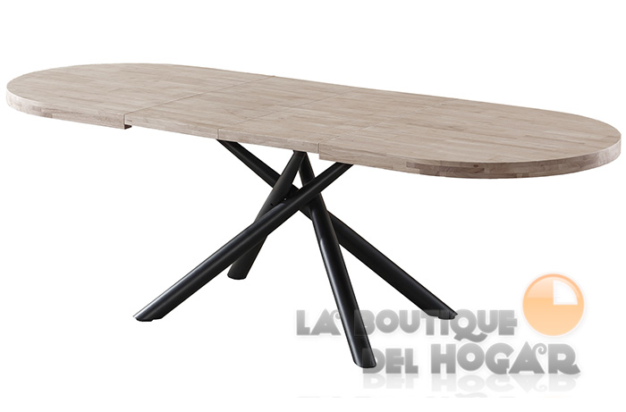 Mesa de comedor extensible negra con patas metálicas y tablero de Roble Honey Modelo Senda