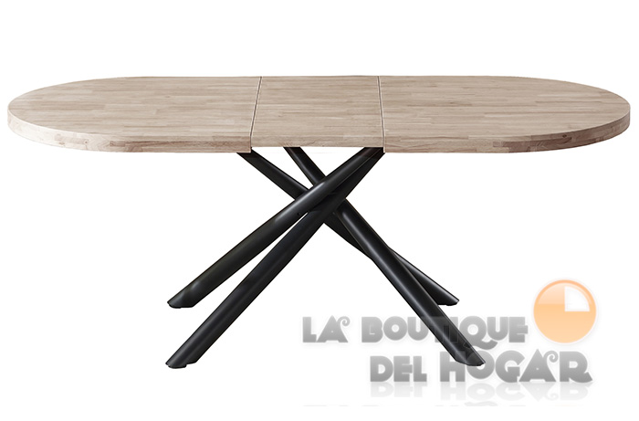 Mesa de comedor extensible negra con patas metálicas y tablero de Roble Honey Modelo Senda