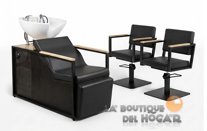 Pack - 1 Lavacabezas Con Pica a elegir Basil B Negro + 2 Sillones De Corte Ocean B Negros