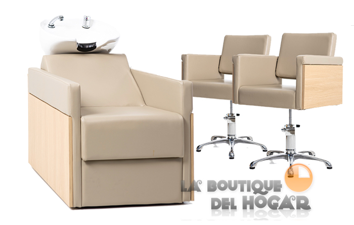 Pack - 1 Lavacabezas Con Pica Beige Rustik + 2 Sillones De Corte Rustik en madera y polipiel - Color Beige