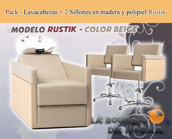 Pack - 1 Lavacabezas Con Pica Beige Rustik + 2 Sillones De Corte Rustik en madera y polipiel - Color Beige