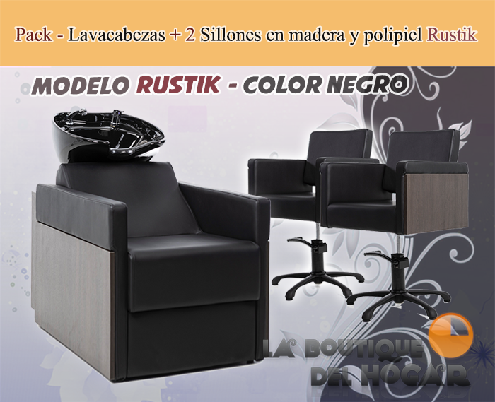 Pack - 1 Lavacabezas Con Pica Negra Rustik + 2 Sillones De Corte Rustik en madera y polipiel - Color Negro