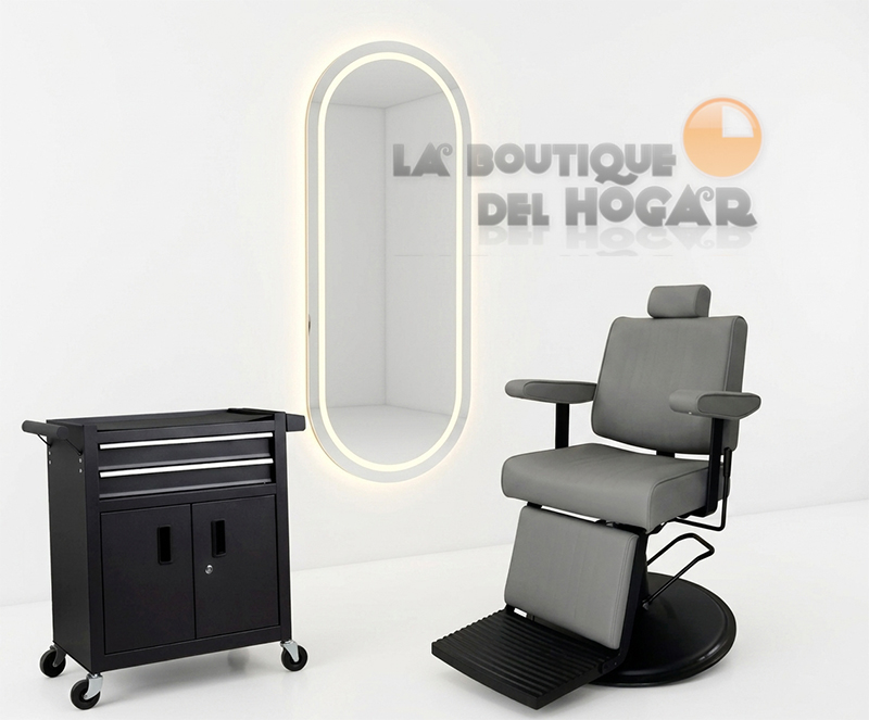 Pack - Sillón Barbero Cut Black Gris / Tocador LED Kobe / Carrito Tool Barber
