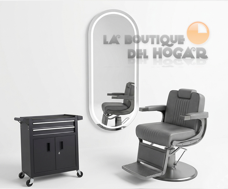 Pack - Sillón Barbero Cut Black Gris / Tocador LED Kobe / Carrito Tool Barber