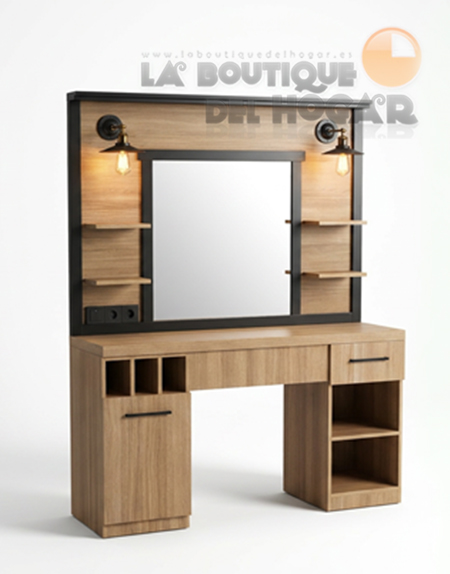 Tocador de Peluquería estilo Moderno con espejo Modelo Folk Oak