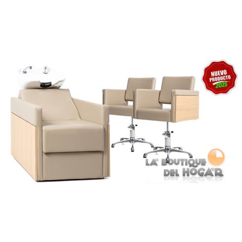 Pack - 1 Lavacabezas Con Pica Negra Rustik + 2 Sillones De Corte Rustik en madera y polipiel - Color Beige