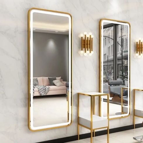 Tocador de Peluquería rectangular estilo Moderno con espejo LED y marco oro