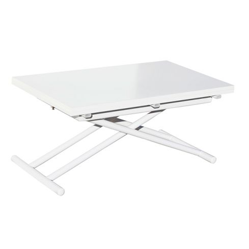 Mesa de centro elevable y extensible blanca con patas metálicas y tablero Blanco Modelo Up-Down 100x50cm