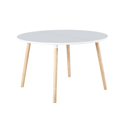Mesa de comedor redonda extensible con patas de madera y tablero DM Blanco Modelo Nordika