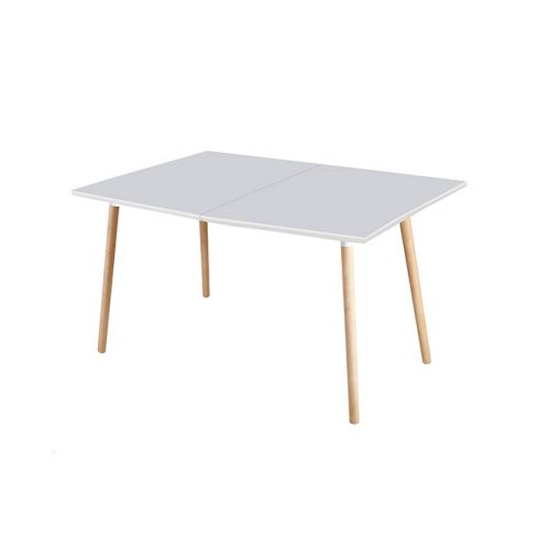 Mesa de comedor extensible con patas de madera y tablero DM Blanco mate Modelo Nordika 140x90
