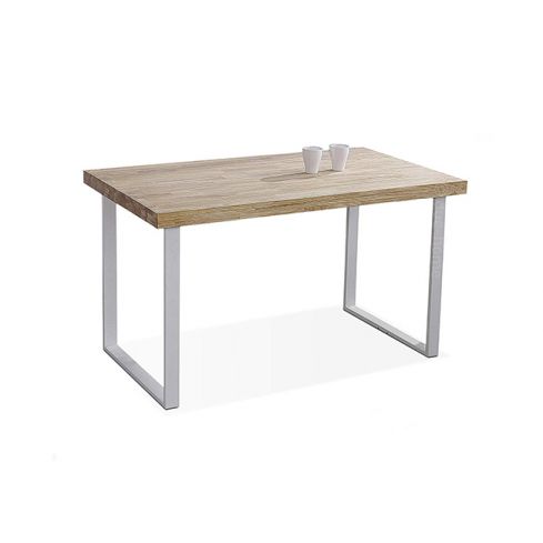 Mesa de comedor fija blanca con patas metálicas y tablero de Roble Modelo Natural