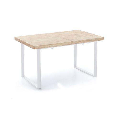 Mesa de comedor extensible blanca con patas metálicas y tablero de Roble Modelo Natural