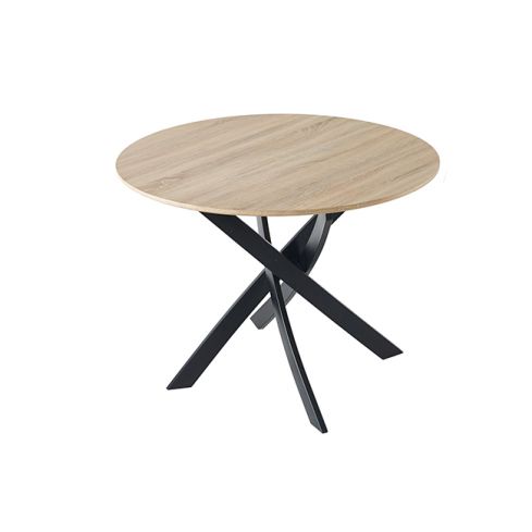 Mesa de comedor fija redonda negra con patas metálicas y tablero de Roble Modelo Zen