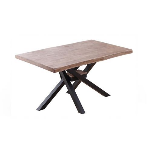 Mesa de comedor fija negra con patas metálicas y tablero de Roble Honey con forma Xena 150