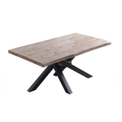 Mesa de comedor fija negra con patas metálicas y tablero de Roble Honey con forma Xena 180