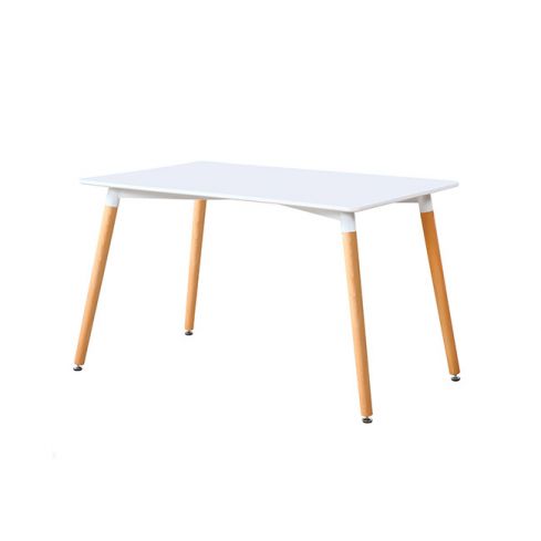 Mesa de comedor fija con patas de madera y tablero DM Blanco mate Modelo Nordika 140x80