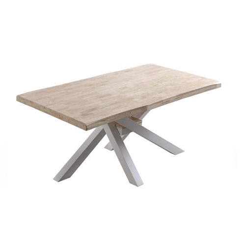 Mesa de comedor fija blanca con patas metálicas y tablero de Roble Nordish con forma Xena 180