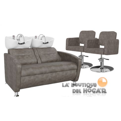 Pack - 1 Lavacabezas Con Pica a elegir Cubo Doble + 2 Sillones De Corte Odry Marrón Grisáceo