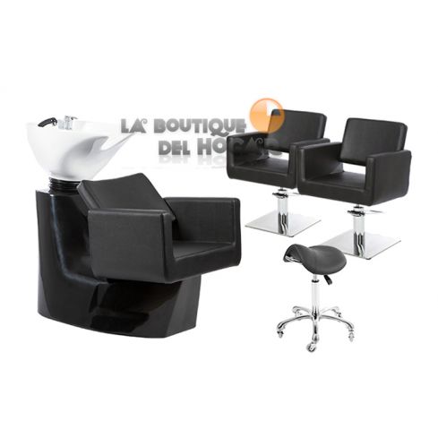 Pack - 1 Lavacabezas Con Pica Blanca y Respaldo Ergonómico Odden + 2 Sillones De Corte Braid + 1 Taburete Pomp de regalo