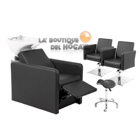 Pack - 1 Lavacabezas Con Pica Blanca y reposapiés eléctrico Anoc + 2 Sillones De Corte Imo + 1 Taburete Pomp de regalo