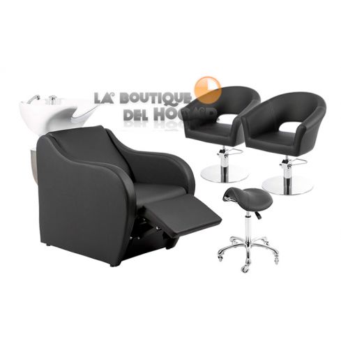 Pack - 1 Lavacabezas Con Pica Blanca y Reposapiés Eléctrico Metri + 2 Sillones De Corte Arcel + 1 Taburete Pomp de regalo