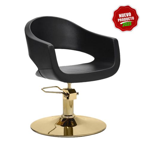 Sillón corte de peluquería linea curva con base redonda dorada Modelo Auric R