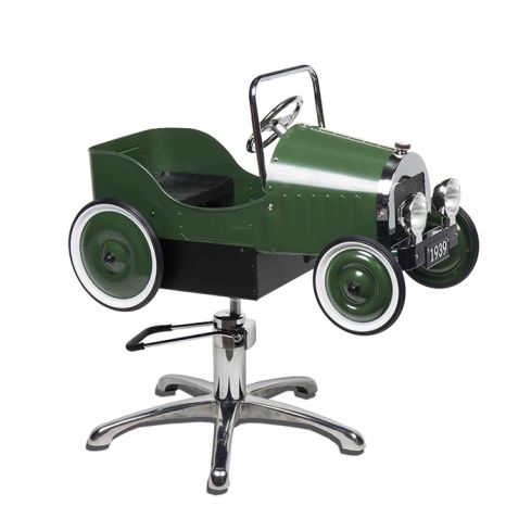 Sillón de Peluquería Infantil con diseño de cochecito de Carreras Vintage Modelo Drive Verde