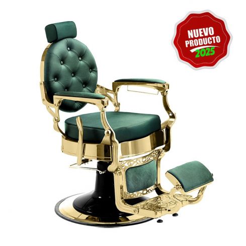 Sillón Clásico de Barbero hidráulico estilo Retro Vintage con reposapies integrado Mae Gold Verde - Modelo 2025