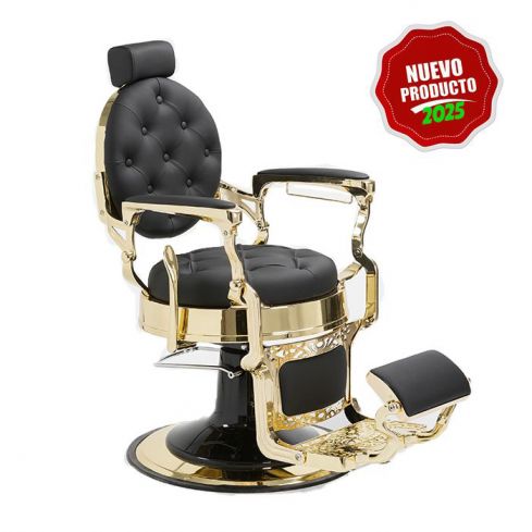 Sillón Clásico de Barbero hidráulico estilo Vintage con reposapies integrado Modelo LBH Mack Gold Negro