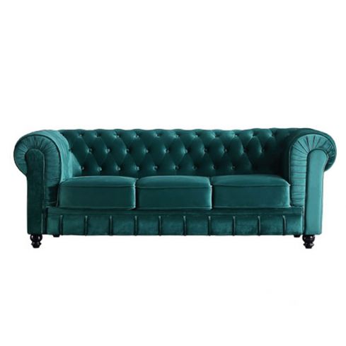 Sofá de diseño clásico de 3 plazas estilo Vintage en Tejido Velvet verde Modelo Chesterfield