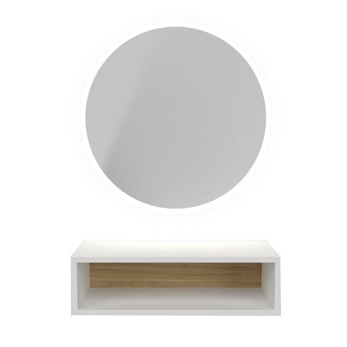 Tocador de Peluquería estilo Minimalista con espejo redondo LED y estante blanco Modelo NASK