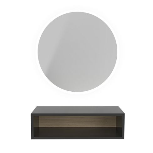 Tocador de Peluquería estilo Minimalista con espejo redondo LED y estante negro Modelo TRAZ