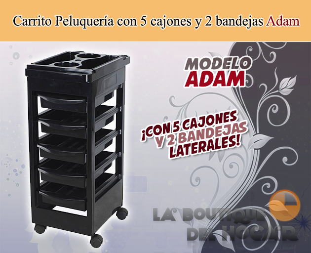 Carrito de peluquería con 5 cajones y 2 bandejas laterales Modelo Adam