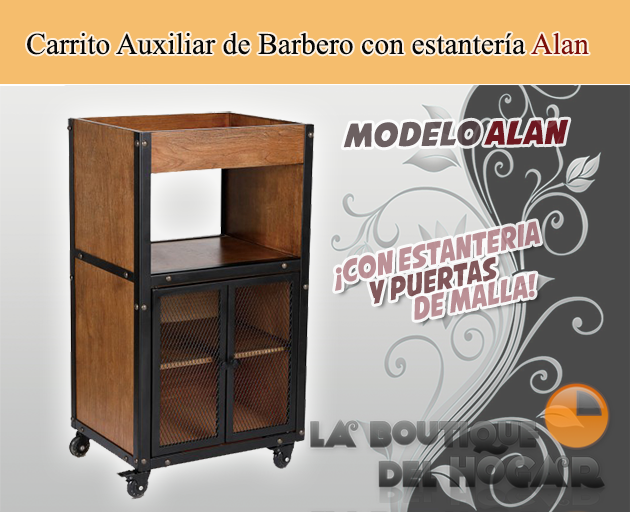 Carrito Auxiliar de Barbero con bandeja superior y estantes Modelo Alan