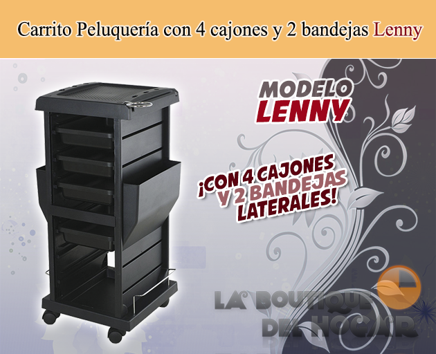 Carrito de peluquería con 4 cajones y 2 bandejas laterales Modelo Lenny