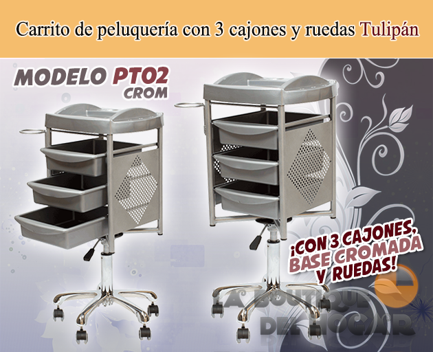 Carrito de peluquería con 3 cajones y base metalica Tulipan Modelo PT02 Crom