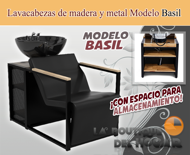 Lavacabezas de madera y metal con pica negra y espacio de almacenaje Modelo Basil