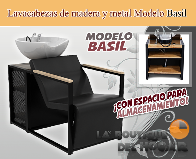 Lavacabezas de madera y metal con pica blanca y espacio de almacenaje Modelo Basil