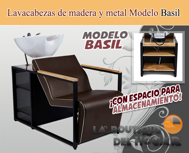 Lavacabezas de madera y metal con pica blanca y espacio de almacenaje Modelo Basil