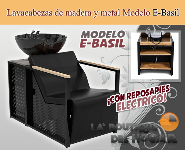 Lavacabezas de madera y metal con pica negra y Reposapiés eléctrico Modelo E-Basil B-W Negro