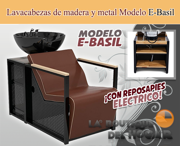 Lavacabezas de madera y metal con pica negra y Reposapiés eléctrico Modelo E-Basil BR-B Marrón