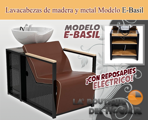 Lavacabezas de madera y metal con pica blanca y Reposapiés eléctrico Modelo E-Basil BR-W Marrón