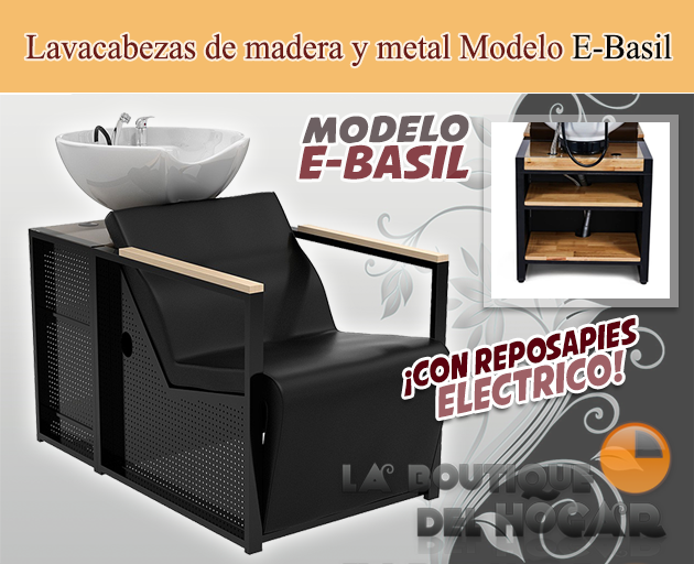 Lavacabezas de madera y metal con pica blanca y Reposapiés eléctrico Modelo E-Basil B-W Negro