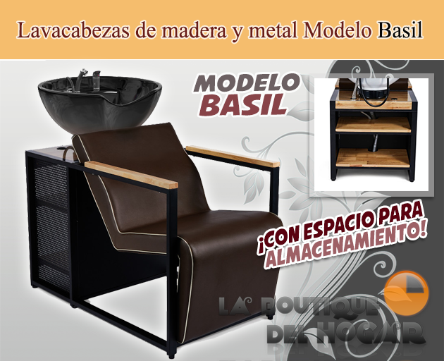 Lavacabezas de madera y metal con pica negra y espacio de almacenaje Modelo Basil