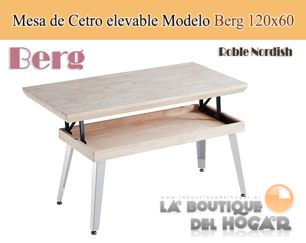 Mesa de centro elevable blanca con patas metálicas y tablero de Roble Nordish Modelo Berg