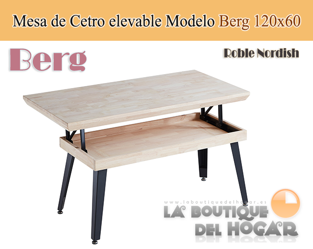 Mesa de centro elevable negra con patas metálicas y tablero de Roble Nordish Modelo Berg